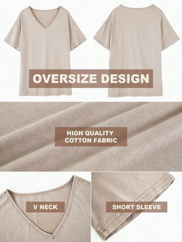 Womens Cotton V Neck T Shirt Short Sleeve Oversized Boyfriend Tunic Tee