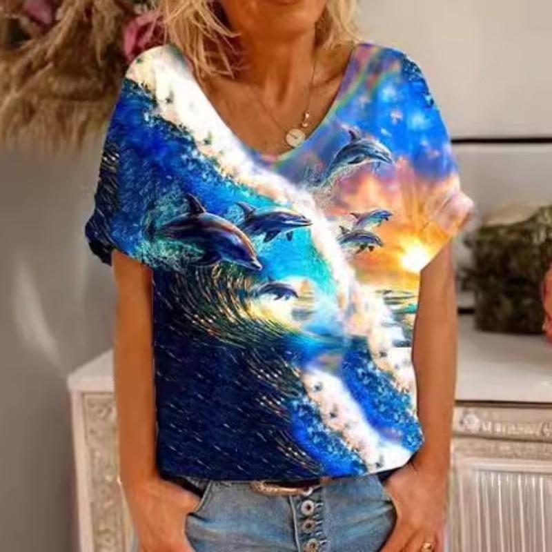 New Summer Women's V-neck Short Sleeve T-shirt with High Quality 3D Printed Animal Bird T-shirt