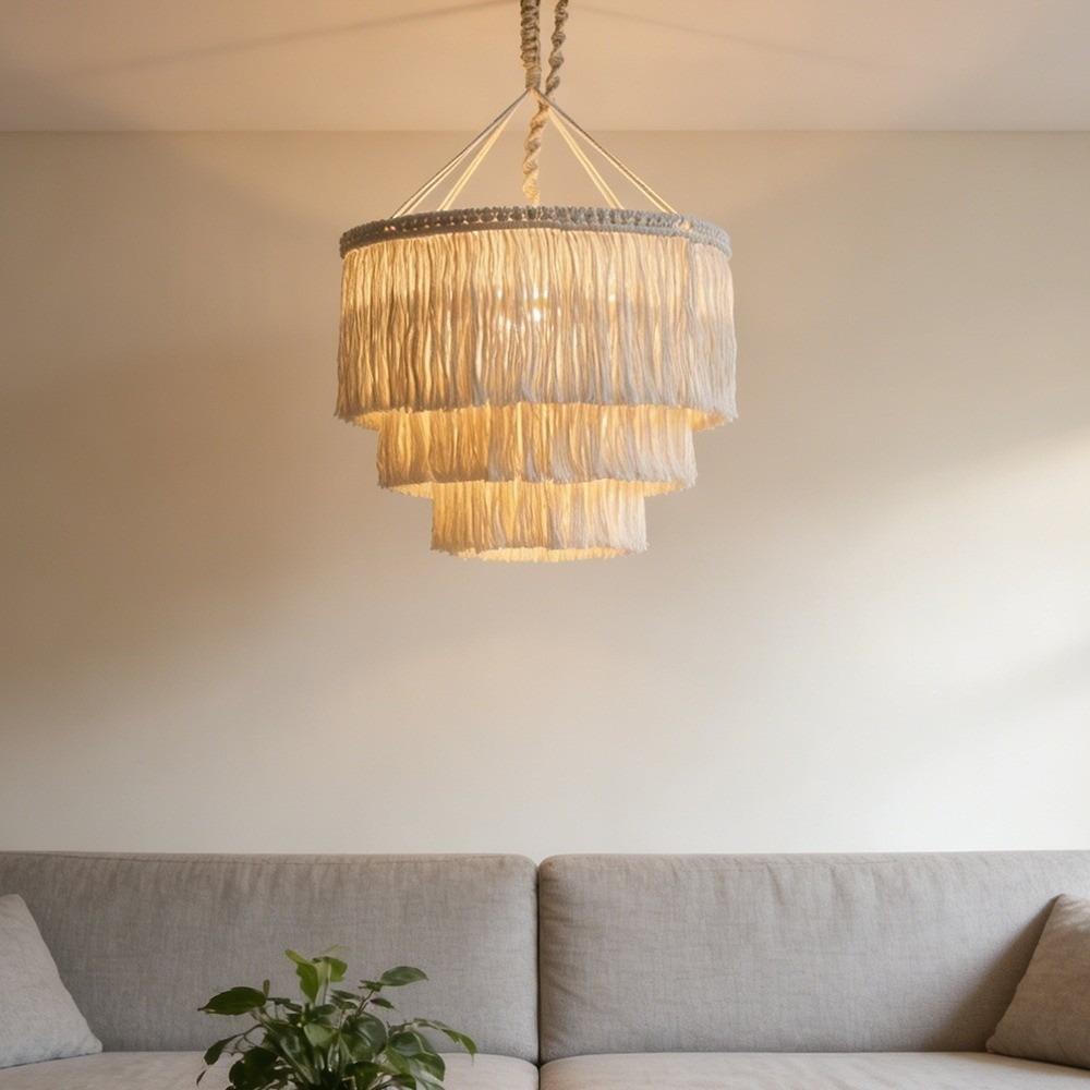 Textured Weave Bohemian Tassel Lampshade Handwoven Tassel Light Shell Living Room
