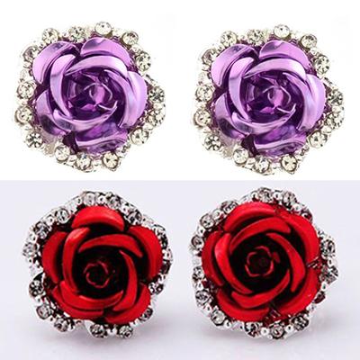 Elegante Rose Blume Strass Ohrstecker Clip Ohrringe Frauen Piercing Schmuck