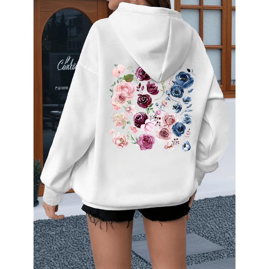 Watercolor Rose Print Women Hoody Vintage Loose Bohemia Wildflower Sweatshirt Long Sleeve Boho Plant Theme Female Hoodies