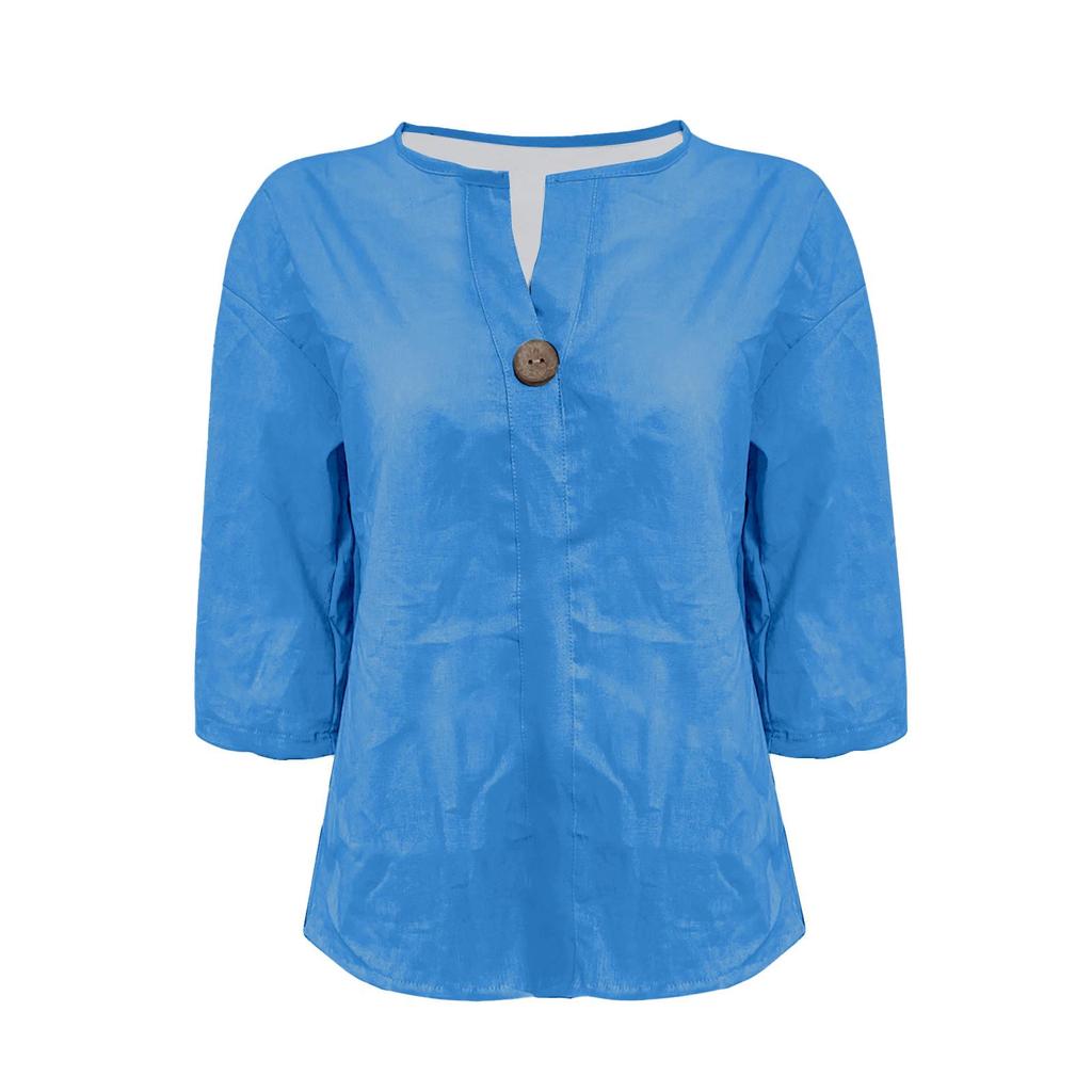 2026 Women's European & American V-neck Cotton Linen Button-up Loose T-shirt
