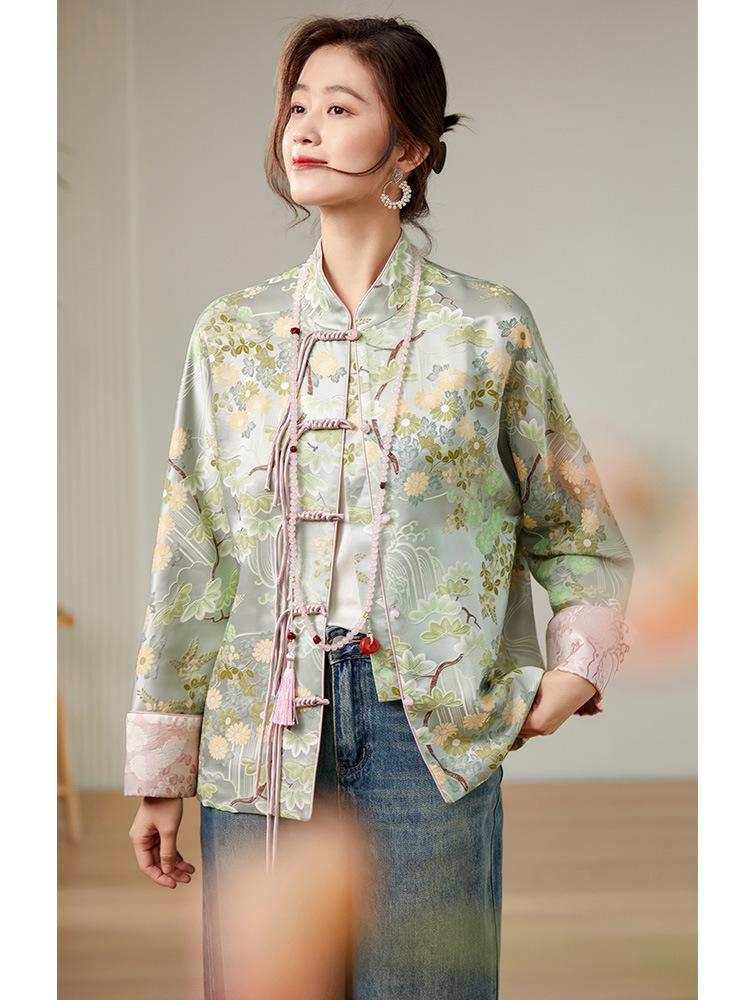Spot! 32 Momme Mulberry Silk Jacquard Jacket with Frog Button - Tang Suit Style