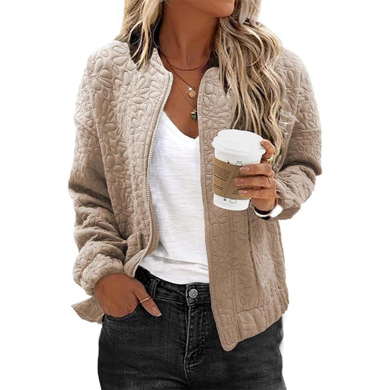 Damen Herbst Winter O-Ausschnitt Langarm Reißverschlussmantel Große Tasche Warmer Parka Schicke Einfarbige Jacke