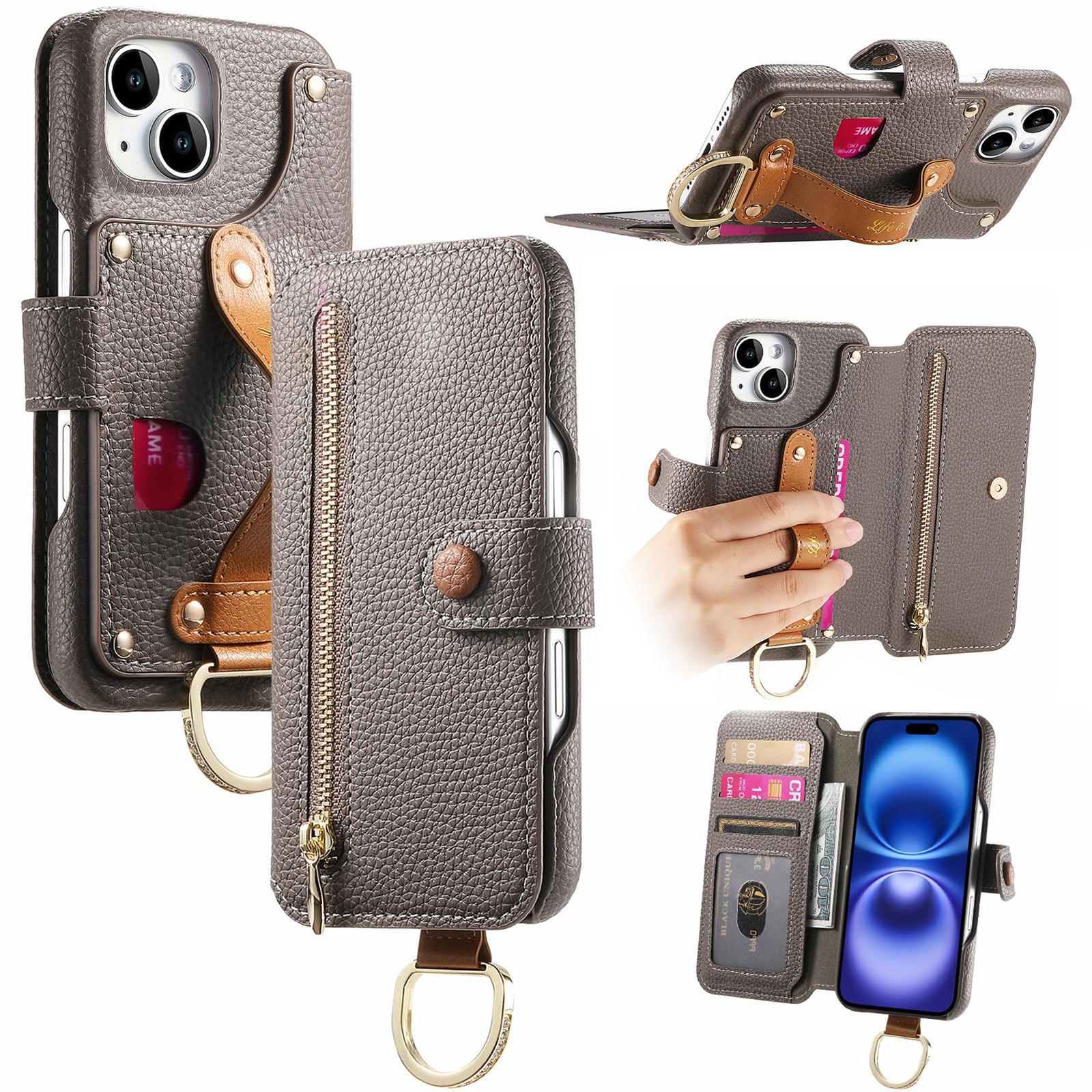 

For iPhone 13 Case RFID Blocking Zipper Wallet PU Leather Mobile Cover Grey