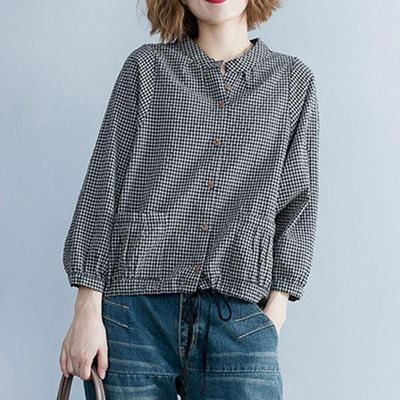 Plaid Cotton Linen Shirt Women Casual Spring Autumn Vintage Shirts Stand Collar Loose Female Long Sleeve Tops