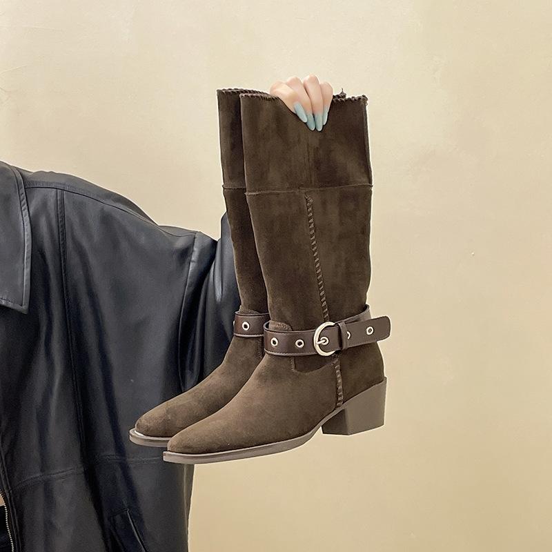 Versatile Fashion Thick Heel Western Boots Women's Autumn and Winter Design Sense Retro Wide Tube Mid-tube Boots Pointed and Thin Fashion Boots