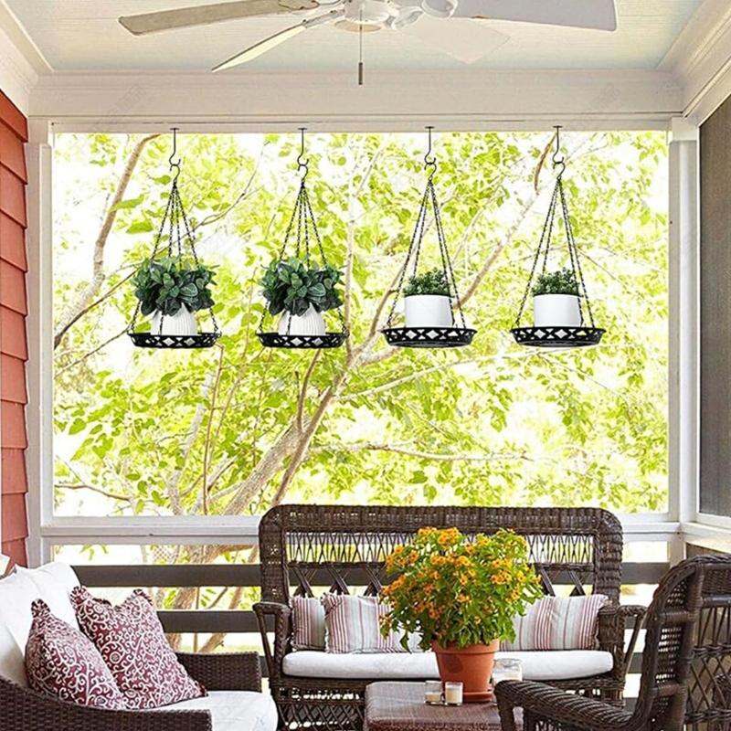 Round Hanging Flower Basket with Top Hook and Black Frame, Indoor Balcony Window Holder for Home Plant Pot Display