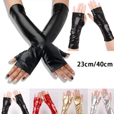 1 Pair Thin Black Leather Gloves Glossy Finish Performance Gloves Half Finger Gloves Lolita Fashion