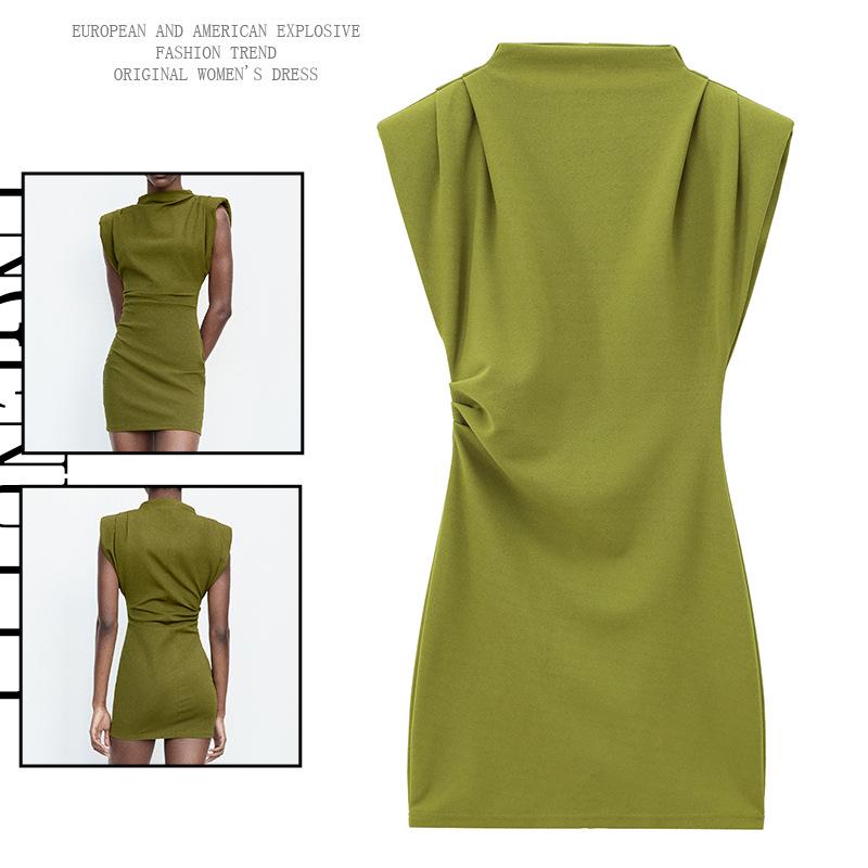 European & American Style Autumn/Winter Women's Bodycon Ruffled Sleeveless High-Neck Mini Dress with Waist-Slimming and Pad-Shoulder Design