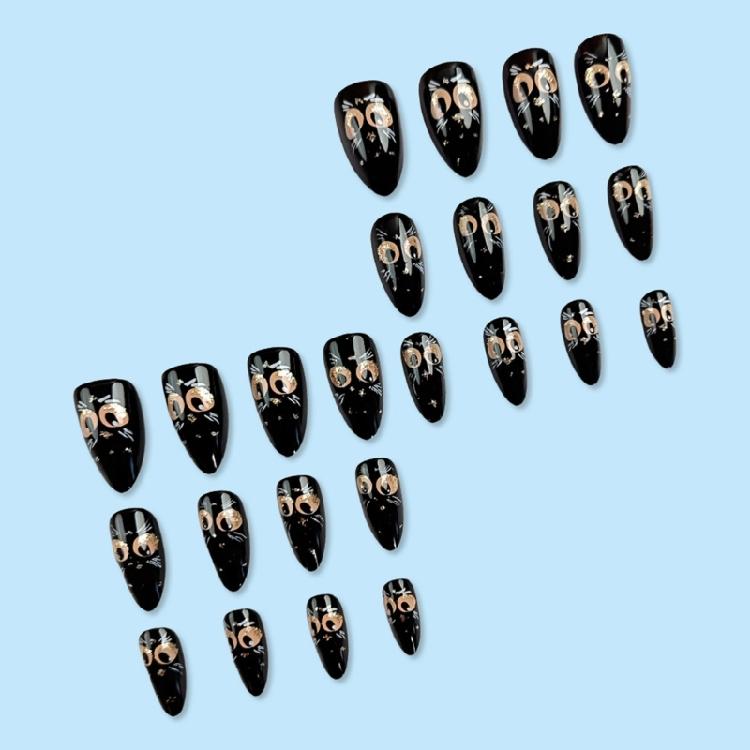 24 Stück Glänzende Press-On-Nägel Mandelform Falsche Nägel mit Schwarz-Katzen-Designs Stilvolle Klebenägel Geschenk für Frauen Maniküre