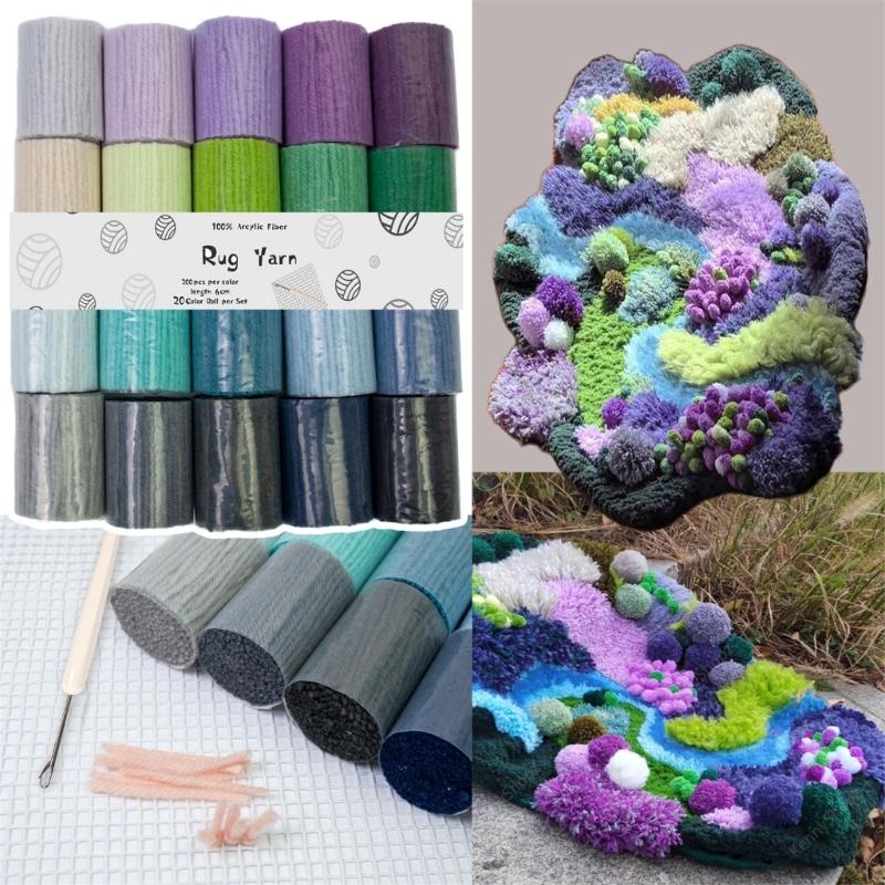 20 Color Acrylic Yarn Set With Latching Hook Crochet Needle Mesh Fabric For Beginner Carpet Making Embroidery Craft