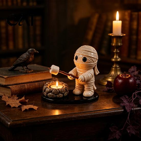 Scarecrow Candle Stand for Home Halloween Campfire Tealight Holder, Mummy Ghost Resin Healing Aromatherapy Holder Desk, Fall Harvest Table Centerpiece