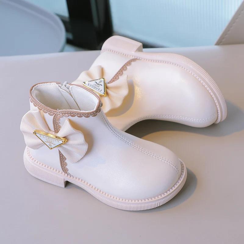 Kids Casual Boots for Girls Bow Lace Solid Color Sewing Cute 2024 Spring Autumn New Children Fashion Short Boots Princess Shoes
