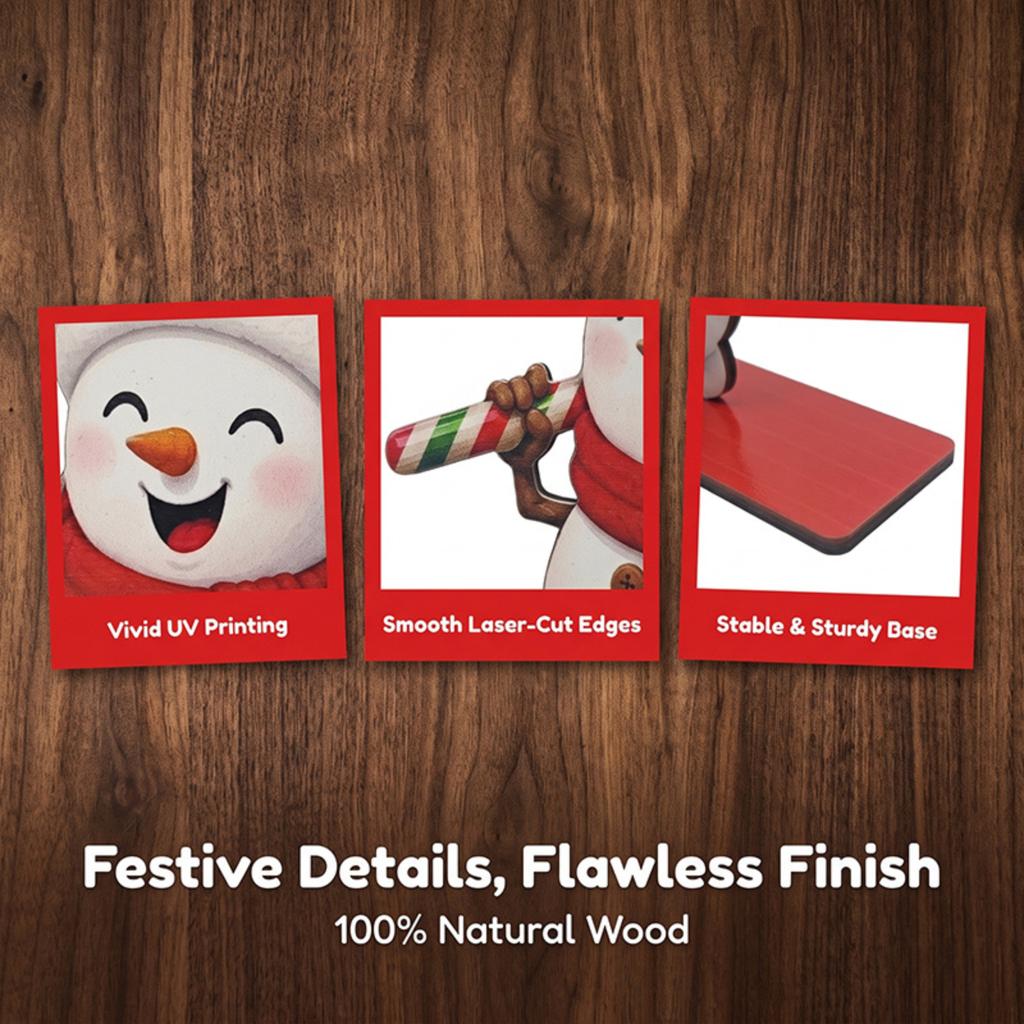 Wooden Christmas Tissue Box Holder with Snowman Santa and Design, Festive Tabletop Decoration