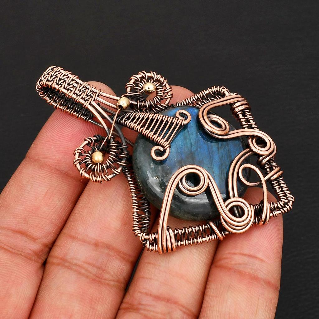 Handmade Copper Wire Wrapped Labradorite Gemstone Pendant  Blue Fire Gemstone Pendant Unique Boho Artisan Jewelry for Women & Men