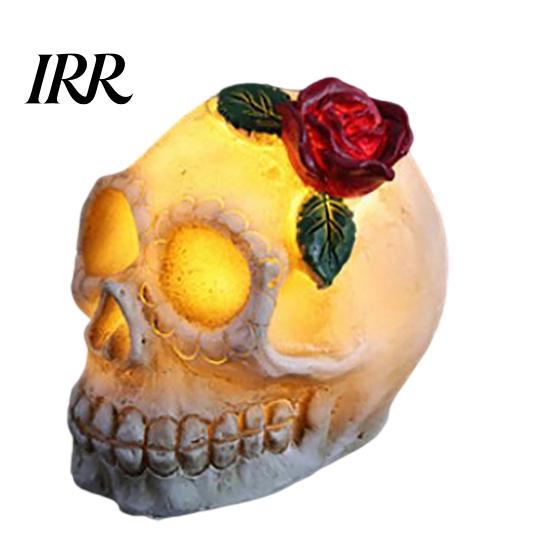 Gruselige Totenkopf-Lampe Gotische Leuchtende Rose Blumenfigurine, Tag der Toten Harz Halloween Dekor Statue, Totenkopf für Schreibtisch Zuhause