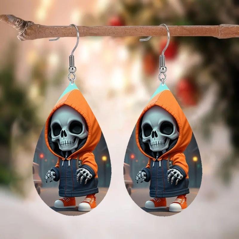 Hooded Halloween Themed Jacket Skull Pattern Droplet Shaped Acrylic Earrings