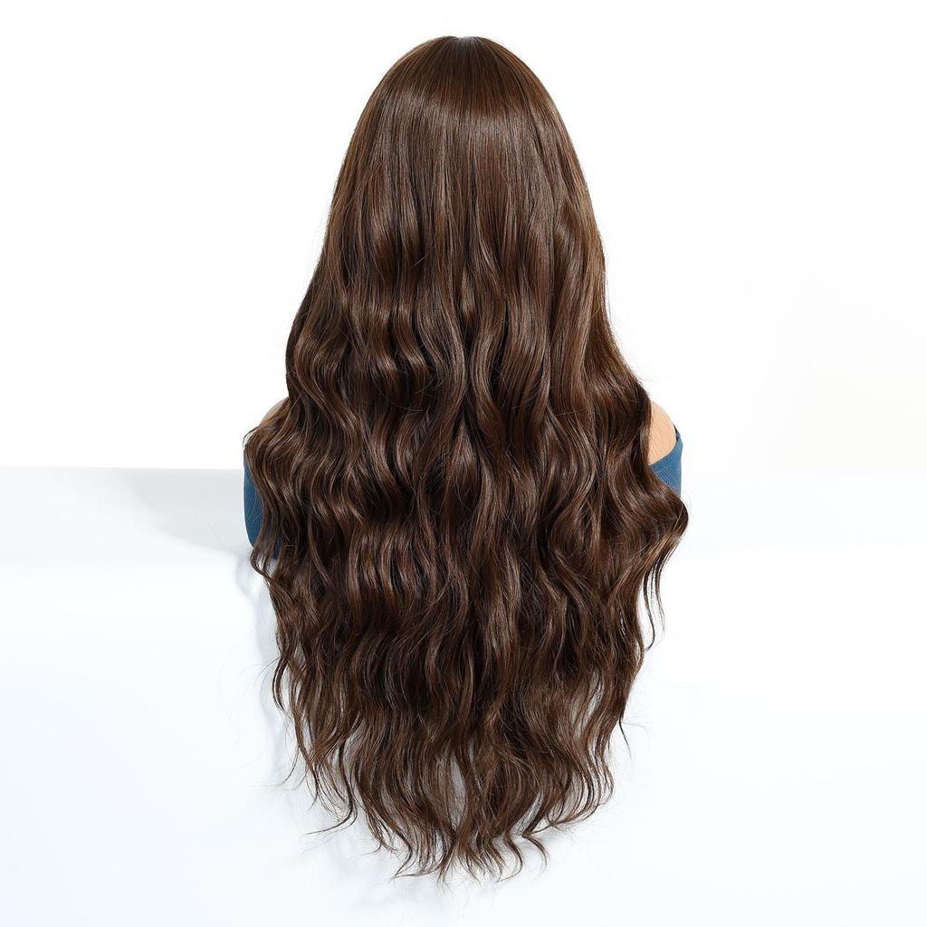 European and American Fashionable Women's Long Curly Hair Wig, Brown Water Ripple Fringe Bangs High Temperature Silk Synthetic Wig Headband