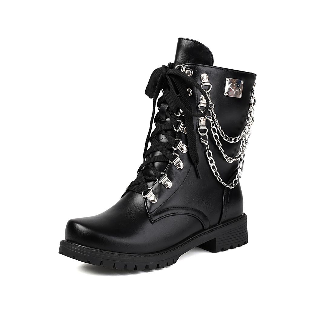 Vintage Roman Boots Metal Chain Lace-Up Short Martin Boots Medium Heel Locomotive Boots 40-43 Large Size Boots