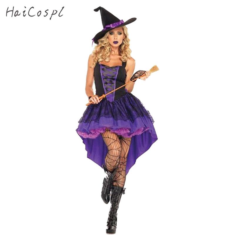 Halloweenský kostým čarodějnice velké velikosti XXL-S pro ženy Dospělý Sexy fialové šle vlaštovčí ocas Šaty Klobouk Karnevalový večírek Dámský oblek