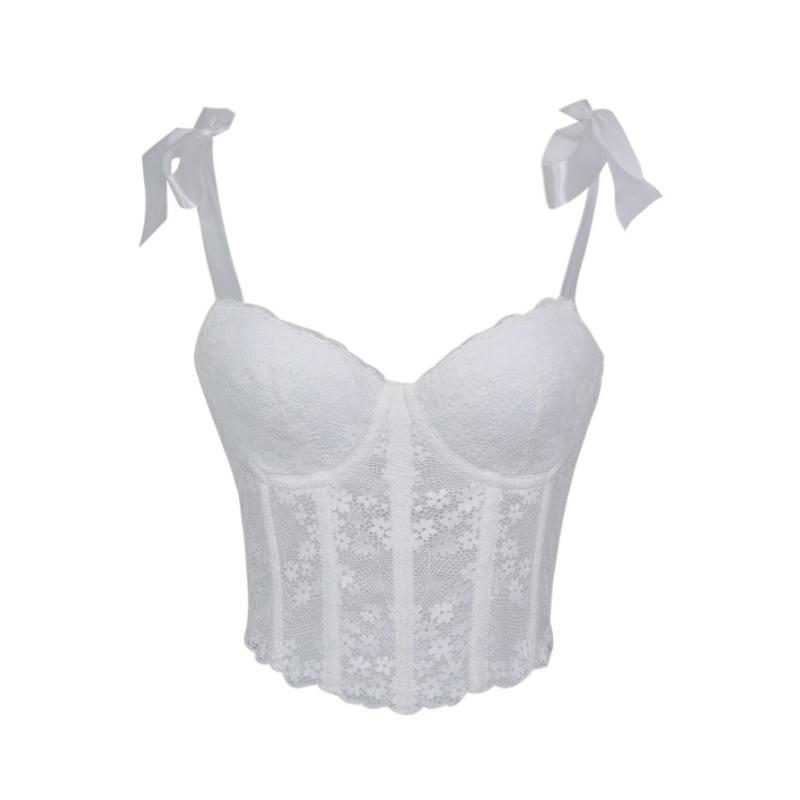 Spitzen-Schleifenband Korsett-Oberteil durchsichtiges Netz Bustier Crop-Top mit Stäbchen für Damen
