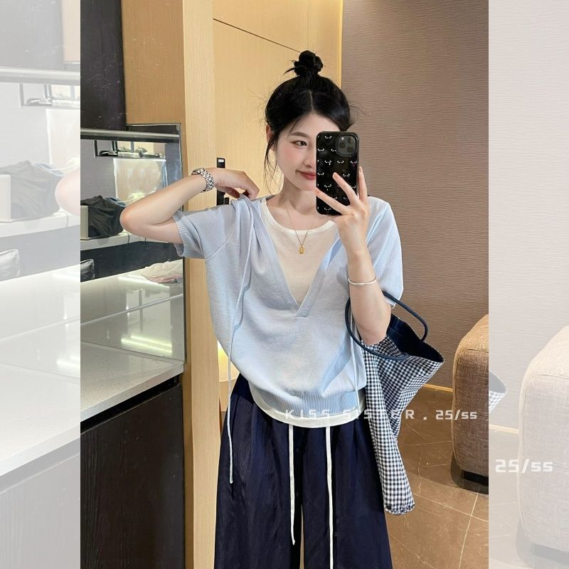 Frühlings- und Sommerstil Kapuzenpullover Fake Zweiteiler Eisseide Strick Kurzarm-Top