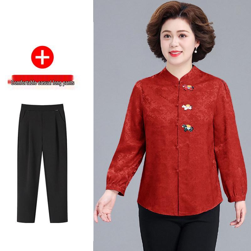 Elegant Spring 2026 Wedding Set: Stylish, Long-Sleeved Blouse for Mothers and Mother-in-Laws - Perfect for Middle-aged and Elderly Women