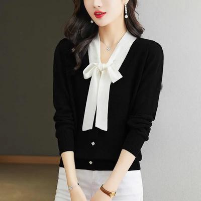 V-neck Top Women's Knitted Sweater Spring and Summer New Foreign Style Beautiful Sweater Thin Autumn Bow Sweater Bottoming Shirt