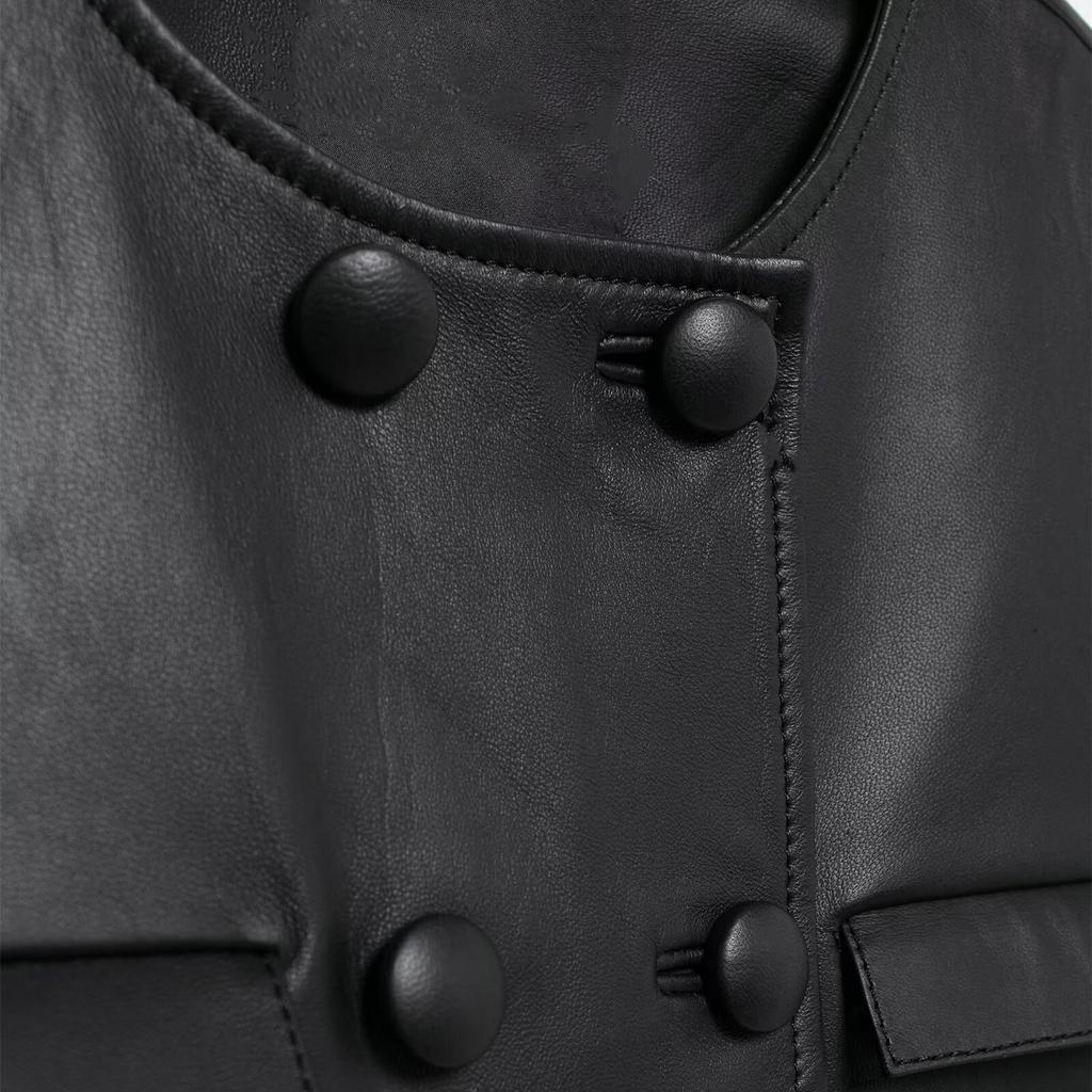 2025 Spring Women's Simple Round Neck Short Leather Jacket with Button Embellishments