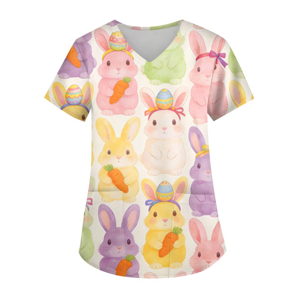 Ladies' Easter printed fashionable V-neck pocket short sleeved uniform and caregiver top
