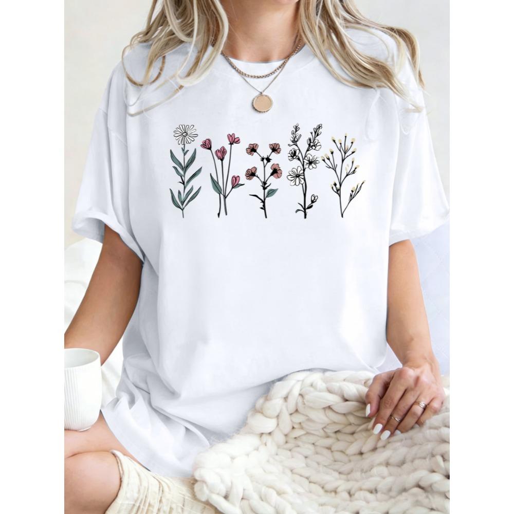 T-shirt z nadrukiem pięknych kwiatów, damski, bawełniany, luźny, letnia odzież, wygodny, Y2K, streetwear