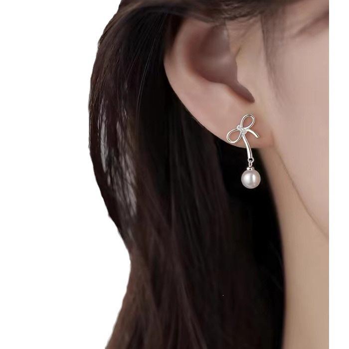 2024 Light Luxury Bow Pearl Stud Earrings: 925 Sterling Silver, Women's Niche Ear Jewelry