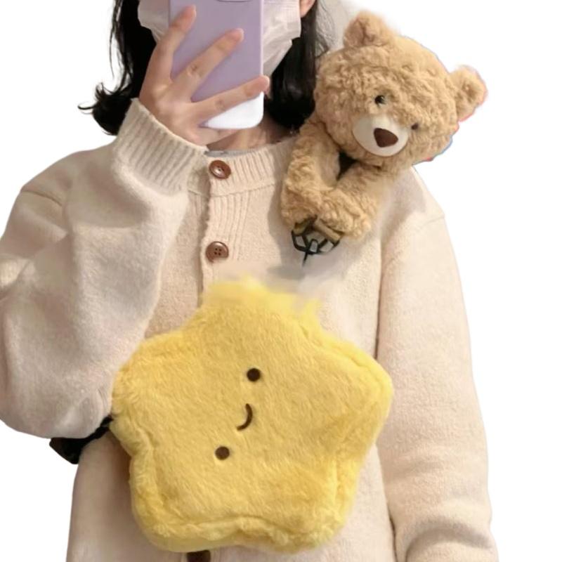

Милый плюшевый рюкзак в виде медведя и звезды, плюшевая кукла-мишка, кавайная желтая сумка через плечо со звездой, женская модная косметичка, на день рождения