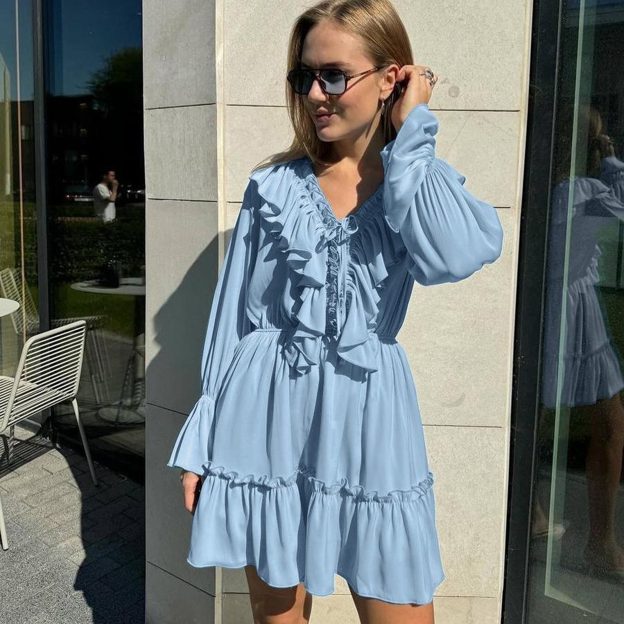 New Fashion V-Neck Ruffled Sleeve Volante Sleeve White Dress Spring Women's Design Sense Puff Skirt