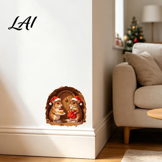 Party Background Decorations 3D Mouse Hole Wall Sticker for Christmas Decoration Realistic Santa Decal Waterproof PVC Festive Home Decoration