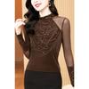 Women's Mock Neck Mesh Panel Top Rhinestone Chain Pattern Slim Fit Coffee Brown Elegant Blouse