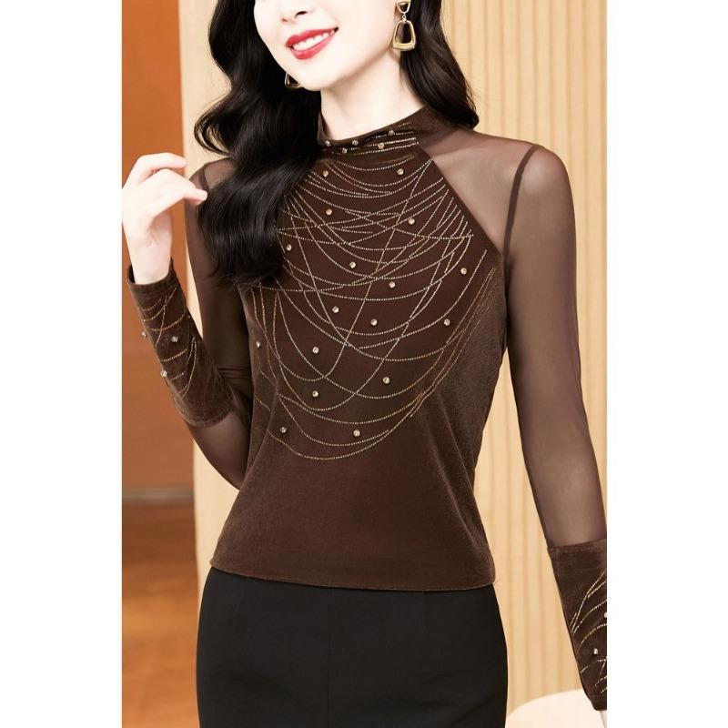 Women's Mock Neck Mesh Panel Top Rhinestone Chain Pattern Slim Fit Coffee Brown Elegant Blouse