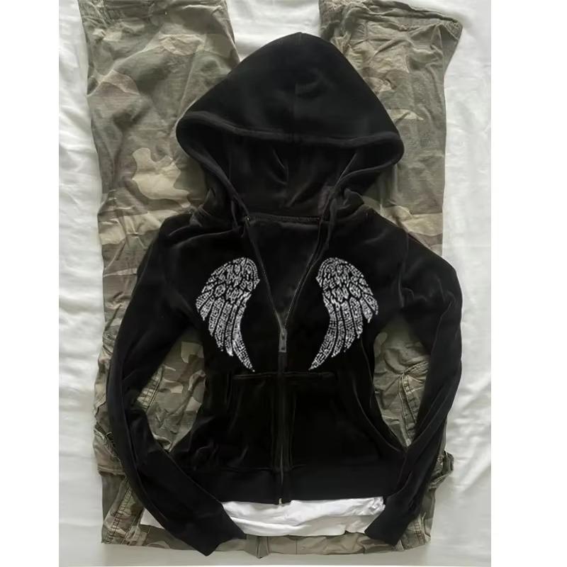 TrendHub Vintage Jacket Grunge Zipper Sweatshirt Autumn and Winter Wings Print Slim Hoodie Gothic Fashion Trend Slim Street Outerwear Y2k