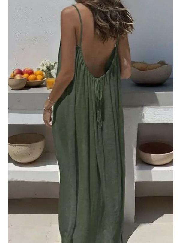 Boho dlouhé plážové šaty bez zad s tenkými ramínky a výstřihem do U - Jednobarevné