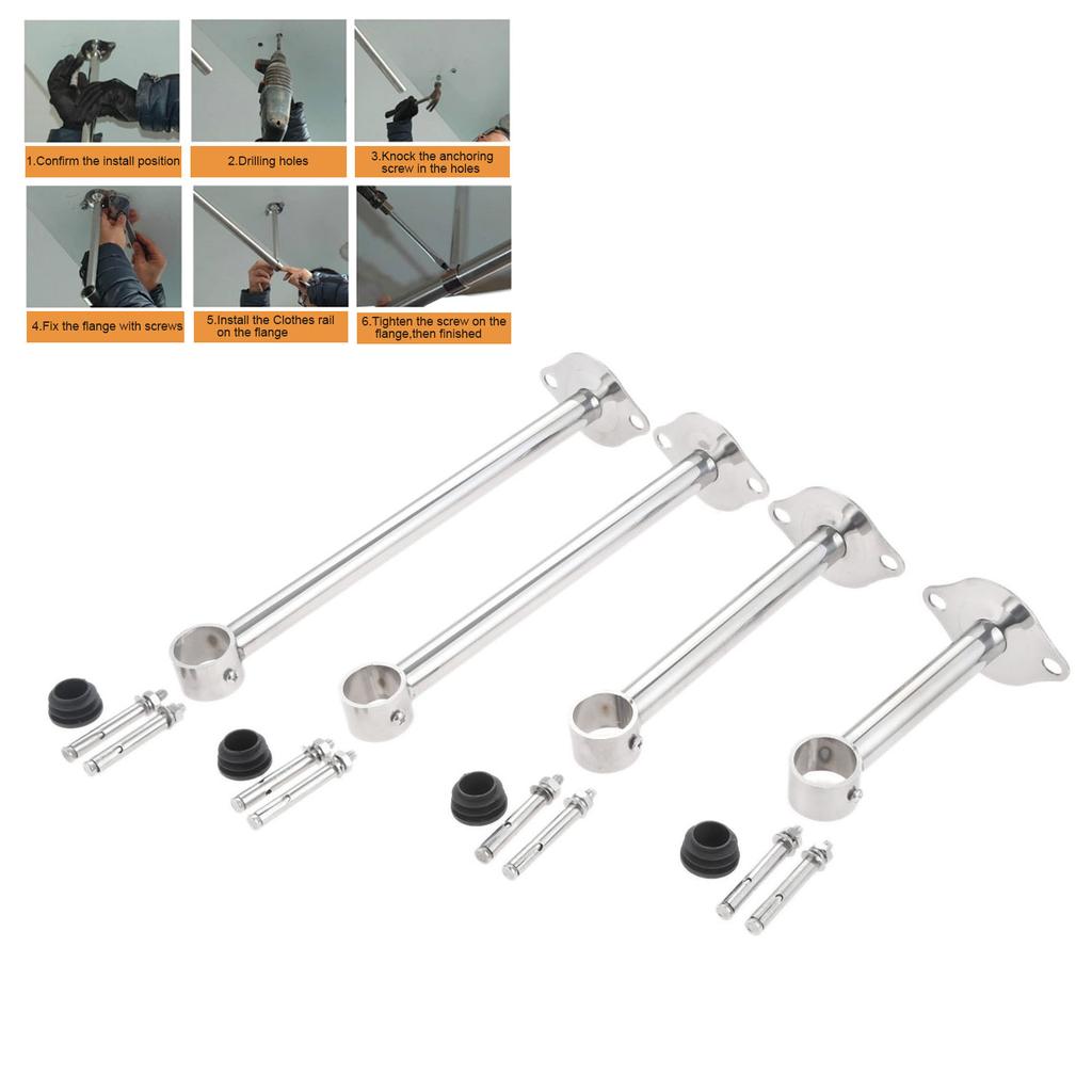 DRELD 2pcs Wardrobe Flange Base Rail Support Bracket Stainless Steel Curtain Rod Socket Fit 25mm Tube +Screws 150/200/250/300mm