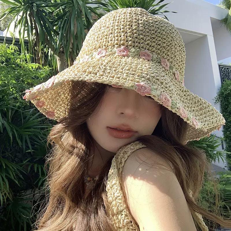 Flat-top straw hat women's straw top hat, new summer big-brimmed sun hat, seaside vacation sun hat
