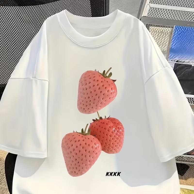 Cute Korean Style Strawberry Print T-Shirt Women Sweet Fruit Graphic Tee Loose O-Neck Short Sleeve Tops