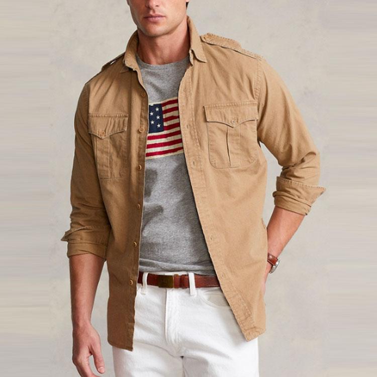 Polo Ralph Lauren SS22 Solid Pocket Polo Long Sleeve Shirt Men shirts Khaki MNPOWOV16822141-250