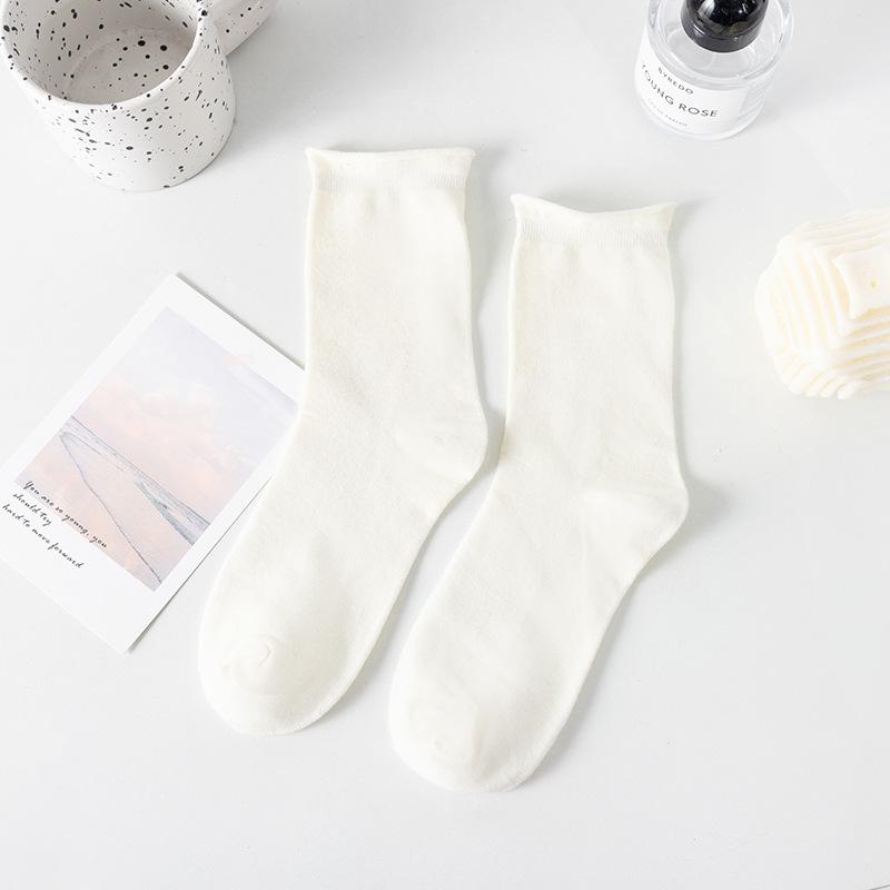 Loose Rolled-up Socks for Women In Summer, Thin and Breathable Mid-calf Socks, Solid-colored Cotton Pile Socks