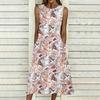 Oversized Women Sleeveless Round Neck Dress Dense Floral Printed Flowy Mid Calf Gown