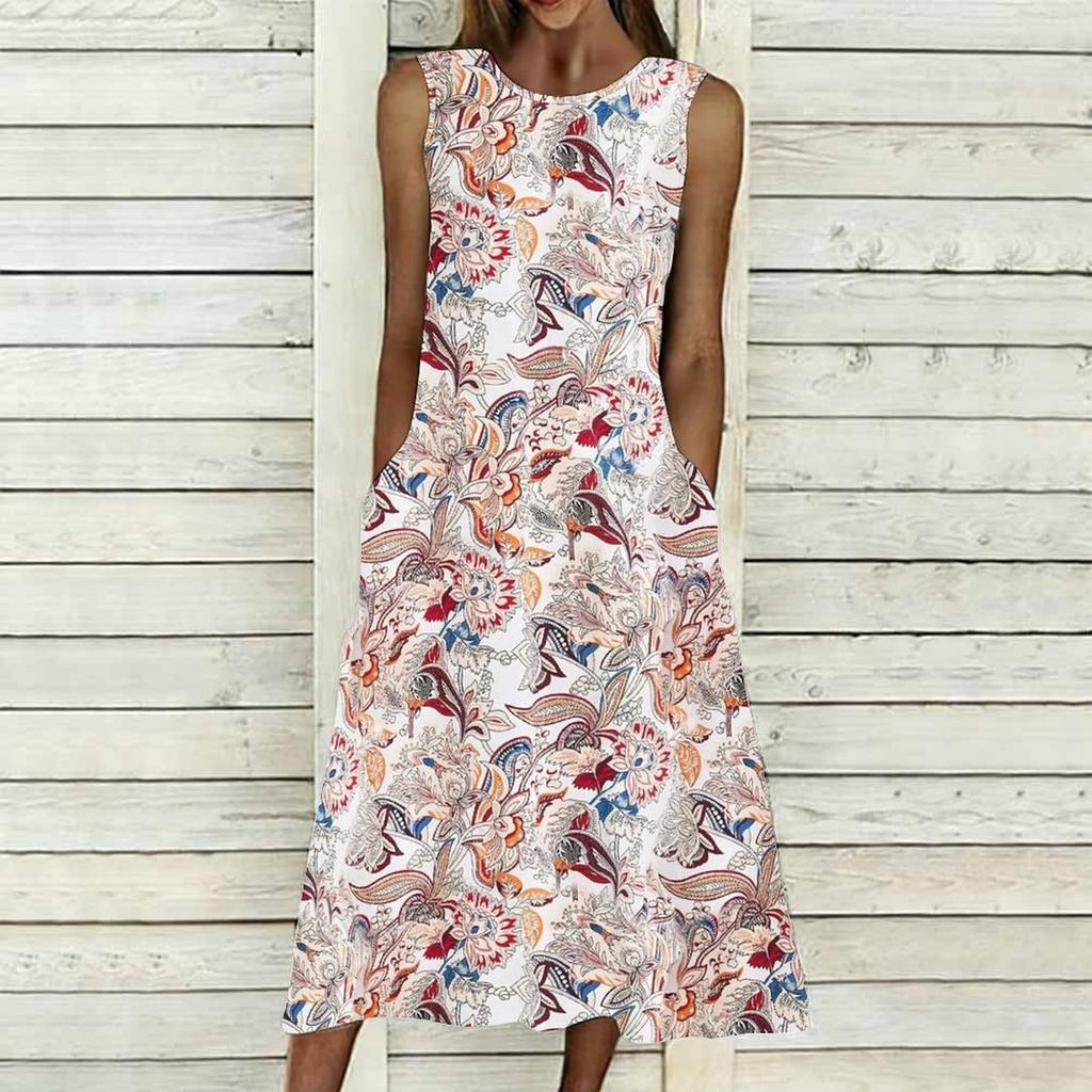 Oversized Women Sleeveless Round Neck Dress Dense Floral Printed Flowy Mid Calf Gown