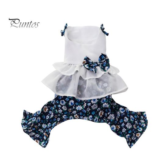 Honden Overalls Jumpsuit Ronde Hals Ruches Zoom Bloemenprint Huisdier Strik Romper Benodigdheden