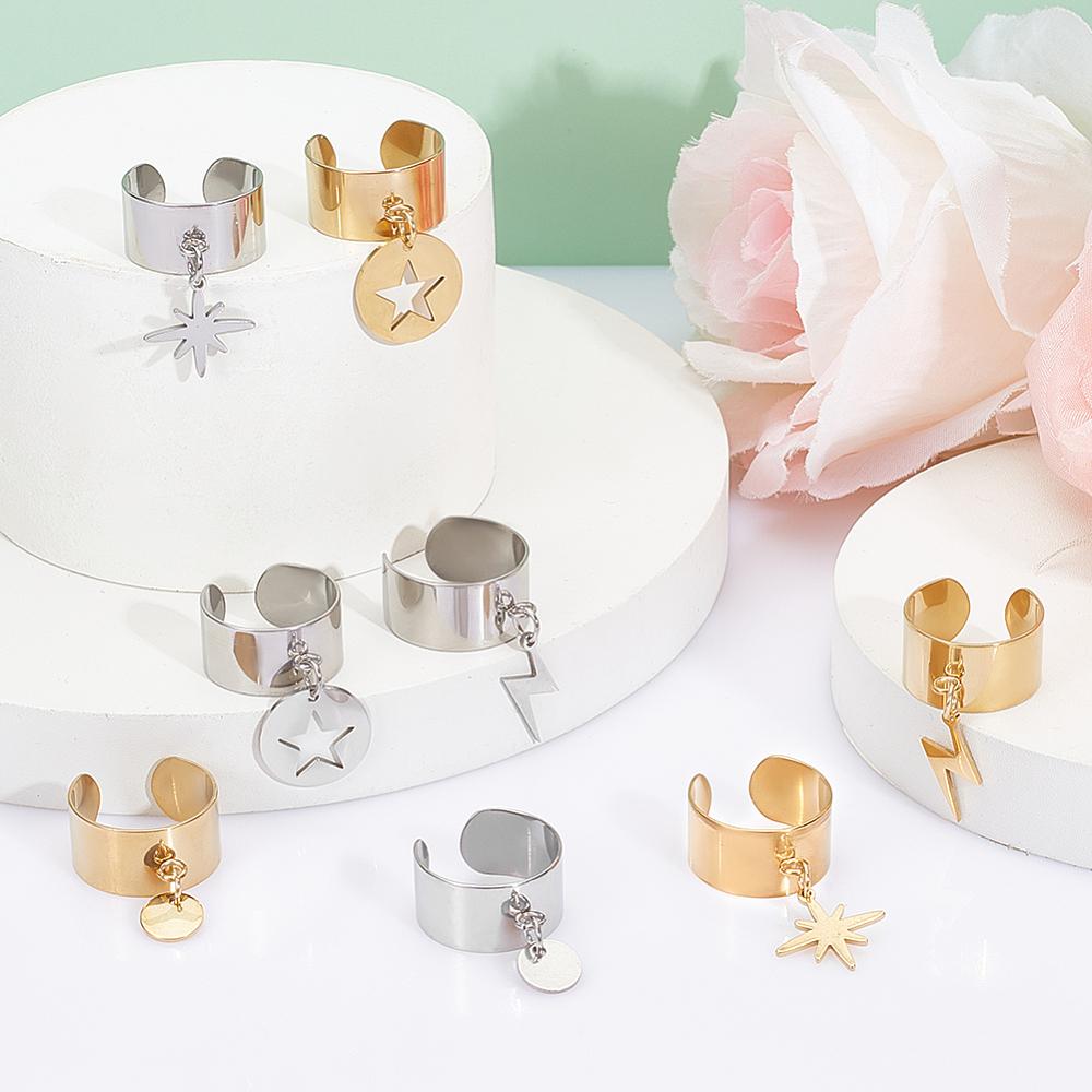 304 Stainless Steel Rings, with Stainless Steel Pendant, Golden & Stainless Steel Color, Adjustable, 26.6~40mm