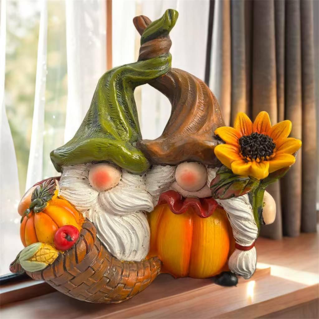 Autumn Harvest Gnome Figurines with Sunflower and Pumpkin Accents Festive Thanksgiving Home Decor Statues for Fall Season